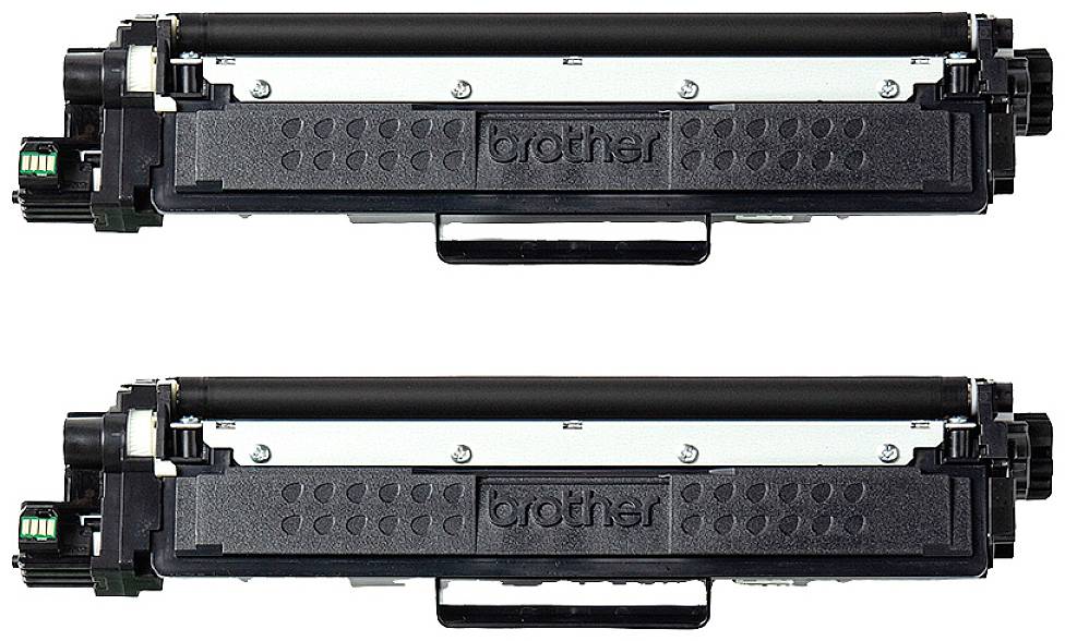 Twee identieke zwarte tonercartridges voor printers, horizontaal naast elkaar geplaatst, met de merknaam in het midden.
