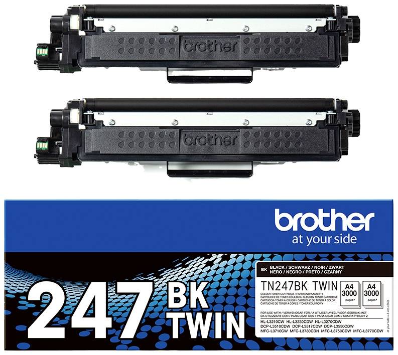 Inktpatronen-set voor printer, twee patronen, Model TN247BK, geschikt voor Brother-printers, capaciteit 3.000 pagina's per patroon.
