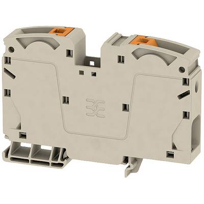 Beige tweepools aansluitblok voor DIN-railmontage, met twee oranje hendels. Het wordt gebruikt voor veilige bedrading in schakelkasten.