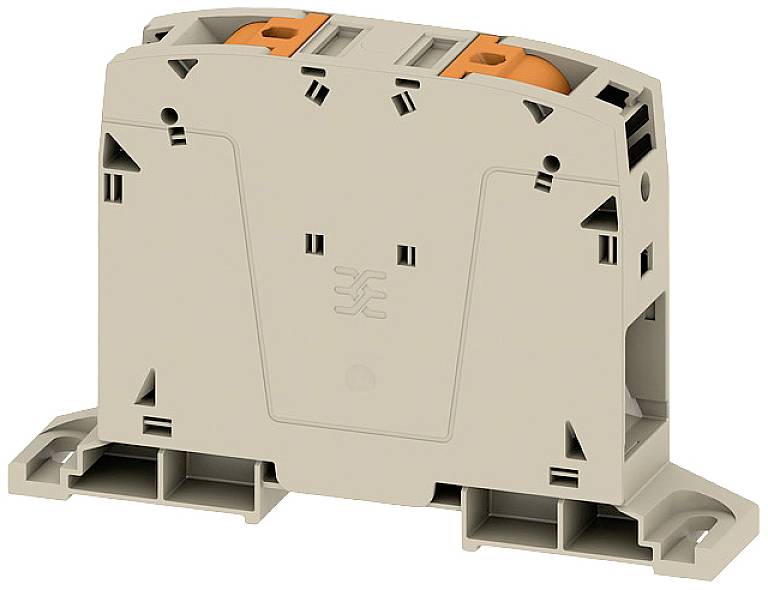 Elektrische aansluitklem uit kunststof met twee oranje elektronische componenten bovenop, bedoeld voor gebruik in schakelkasten.