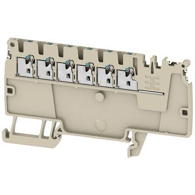 Elektrische rijgklem met meerdere aansluitklemmen voor bedrading in schakelkasten, beige behuizing, zijaanzicht profiel.