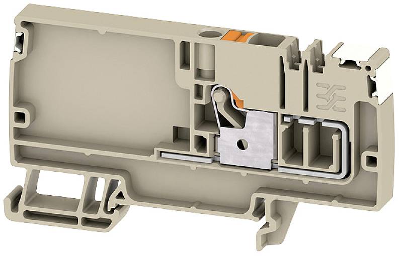 Doorsnede van een beige-grijs kunststof behuizing met metalen componenten en interne structuren, waarschijnlijk een elektrisch onderdeel.