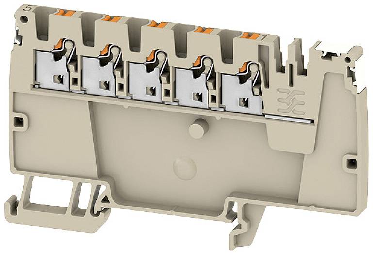 Een beige aansluitblok met meerdere aansluitplaatsen op een rij. Geschikt voor het bevestigen van elektrische geleiders.