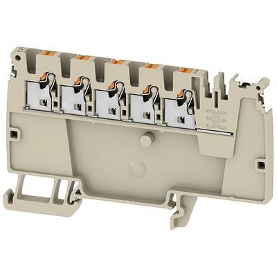 Een beige aansluitblok met meerdere aansluitplaatsen op een rij. Geschikt voor het bevestigen van elektrische geleiders.