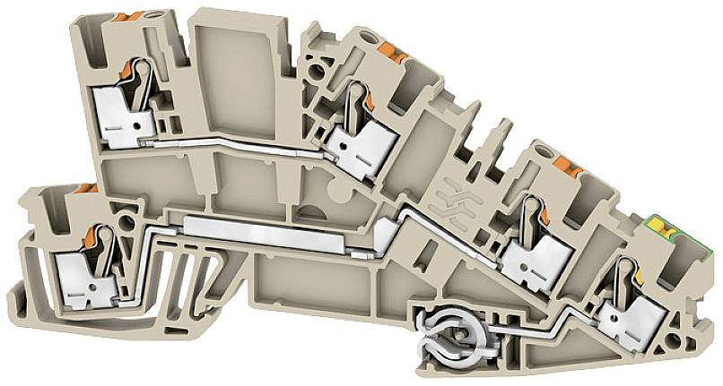 Doorsnede van een elektrische railklemmenblok in beige, toont interne mechanismen en metalen contacten voor elektrische aansluiting.