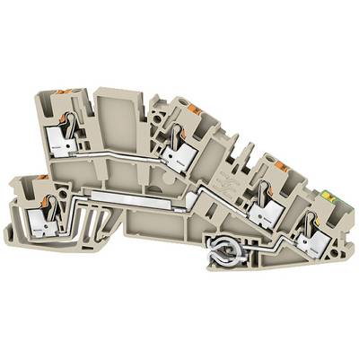 Doorsnede van een elektrische railklemmenblok in beige, toont interne mechanismen en metalen contacten voor elektrische aansluiting.