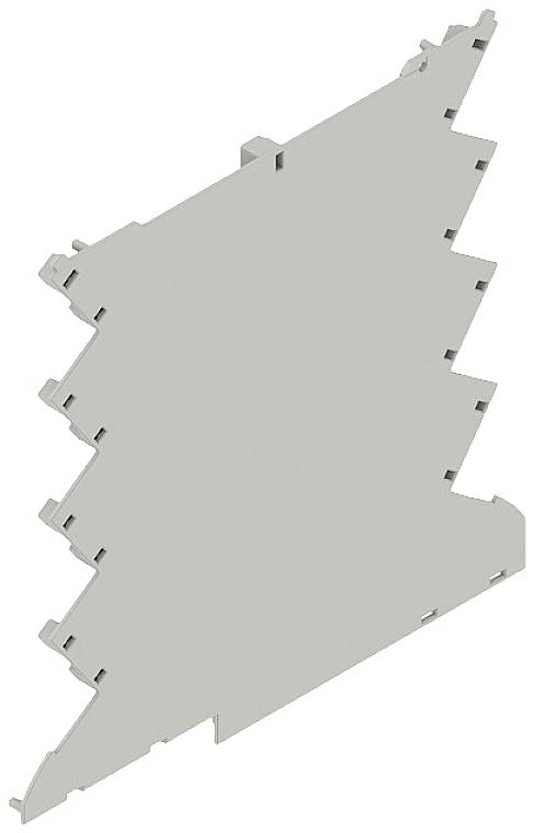 'Grijze kunststofplaat in onregelmatige, rechthoekige vorm, met inkepingen en uitsparingen aan de zijkanten.'