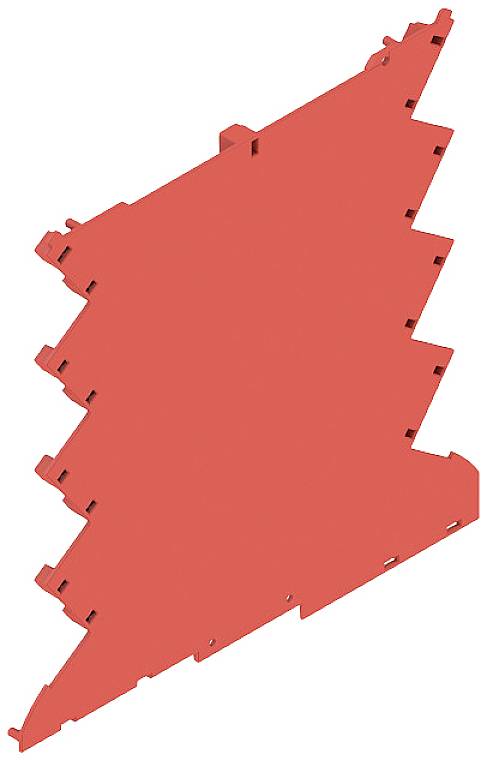 Een rood, getand kunststof onderdeel, waarschijnlijk een montage- of verbindingselement, met talrijke haken en uitsparingen.