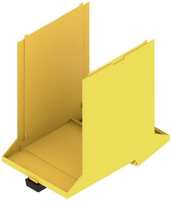 Gele, rechthoekige doos met open deksel. Hij heeft verhoogde wanden die aan de zijkanten kunnen worden opgeklapt, mogelijk bedoeld vooropslagdoeleinden.