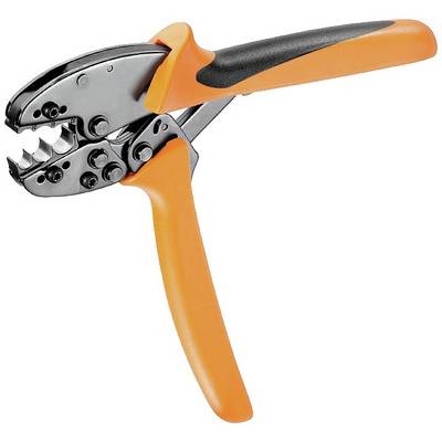 Een oranje-zwarte krimptang, geschikt voor het verbinden van kabels door het persen van steekverbinders.