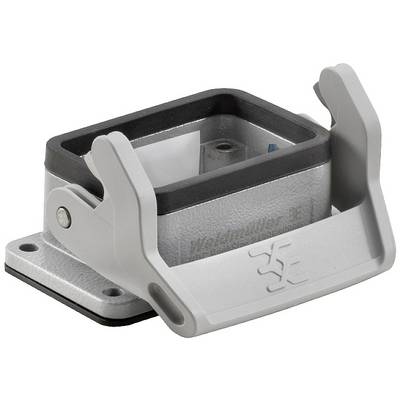 Metalen elektrische connector, voornamelijk rechthoekig, met opklapbaar vergrendelingsmechanisme en rubberen afdichting.