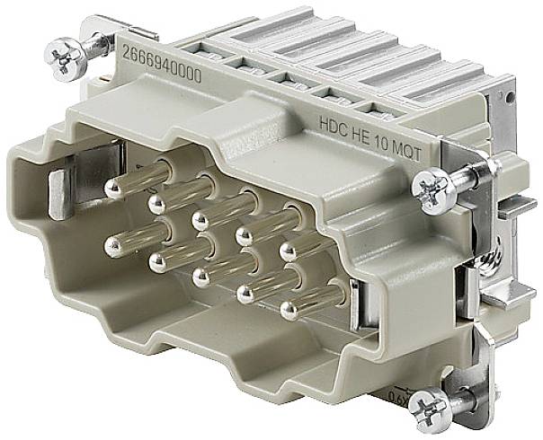 Industriële stekker met meerdere metalen contacten, beige behuizing, twee schroeven aan de zijkanten voor bevestiging, opschrift 'HDC HE 10 MOT'.