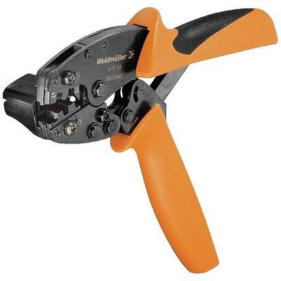Krimptang met oranje handgreep, geschikt voor het aanbrengen van kabelverbindingen. Bovenaanzicht met zichtbare tandbekken.
