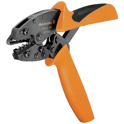 Handgereedschap voor het crimpen, met oranje handgreep en zwarte kop. Geschikt voor elektrische werkzaamheden, merknaam 'Weidmüller' herkenbaar op de tang.