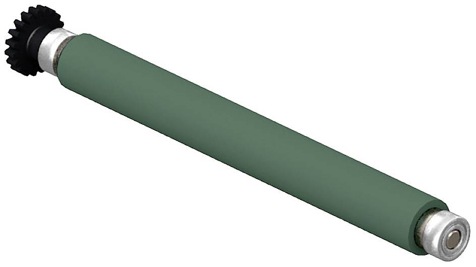 Groene rolwals met zwarte en zilveren uiteinden op een witte achtergrond.