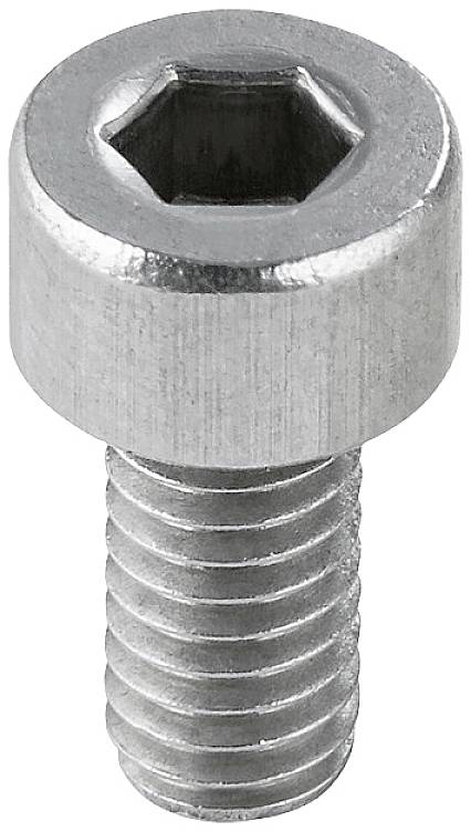 Metalen schroef met binnenzeskant, cilindrische vorm, zilveren kleur.