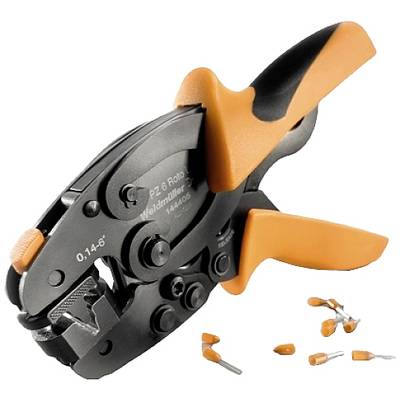 Handig gereedschap met een oranje handgreep en een snijinrichting voor het strippen van kabels van verschillende afmetingen.