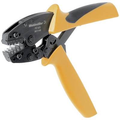 Krimptang met oranje handgrepen, geopend, toont metalen tanden. Het merk 'Weidmüller' is herkenbaar op het gereedschap.