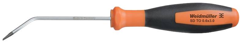 Schroevendraaier met oranje-zwarte handgreep en gebogen metalen lemmet, gemarkeerd met 'Weidmüller SD T0 0.6x3.0'.