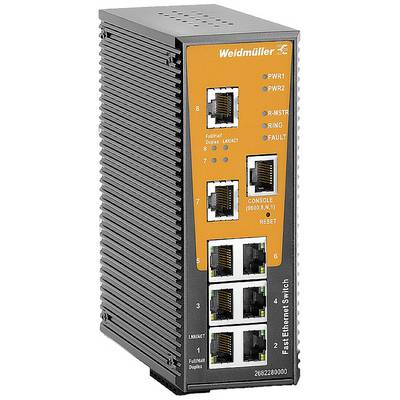 Industriële Ethernet-switch van Weidmüller met meerdere Ethernet-poorten en LED's voor netwerkstatusuitlezing. Geschikt voor industriële toepassingen.