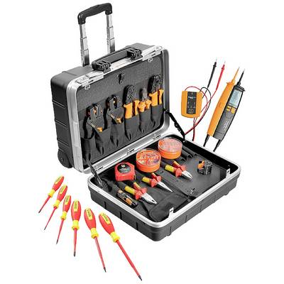 Een open gereedschapskist met verschillende elektriciengereedschappen zoals schroevendraaiers, tangen en een multimeter.