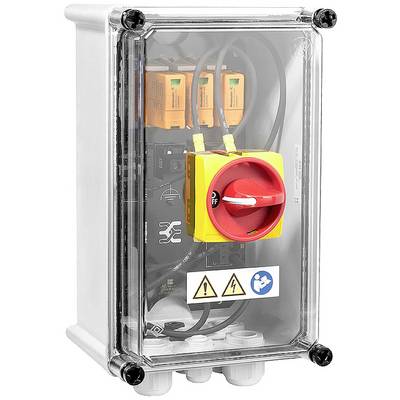 Transparante zekeringkast met rode draaiknop, elektrische componenten en waarschuwingsstickers op de voorkant.