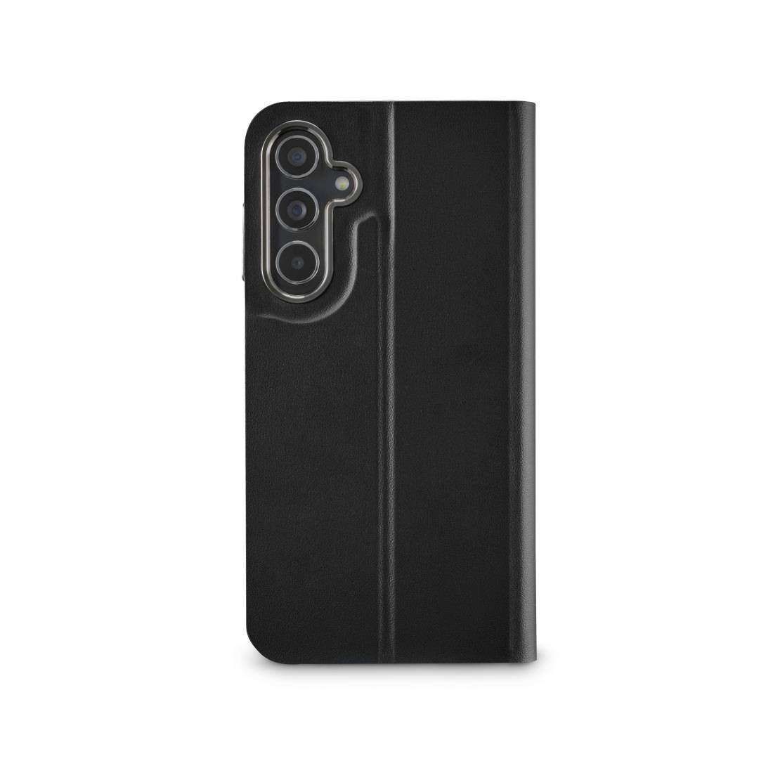 Zwarte telefoonhoes met camerabescherming, verticale naad aan de linkerkant. Bescherming en stijl voor smartphones.