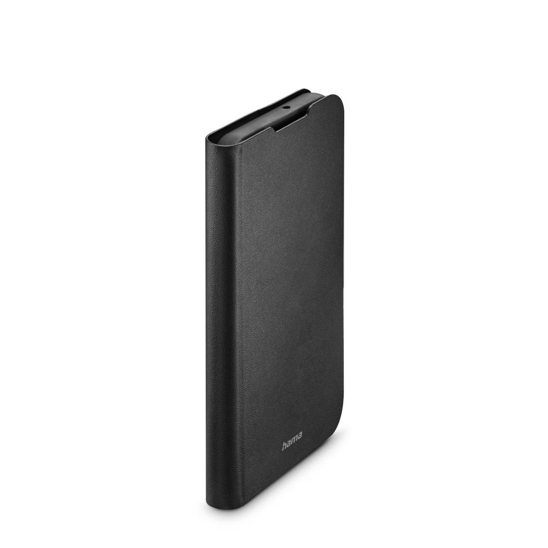 Een zwarte smartphone-hoes in verticale weergave, gesloten.