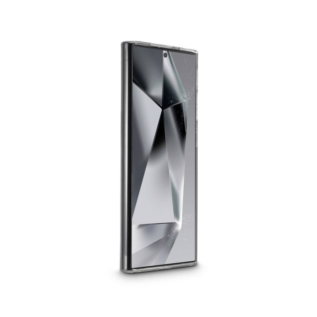 Een modern smartphone met een gebogen display en een prismatische achterkant.