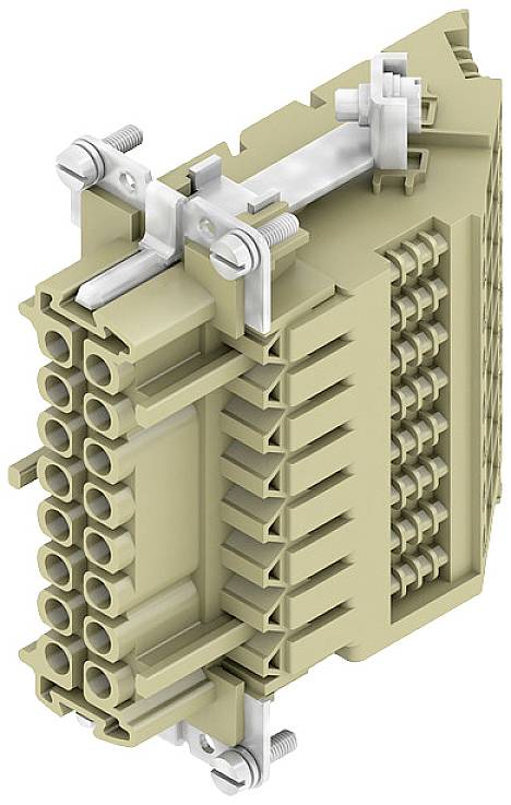 Een meerlaags, beige aansluitblok met schroefbevestigingen. Gebruikt voor elektrische verbindingen in schakelkasten.