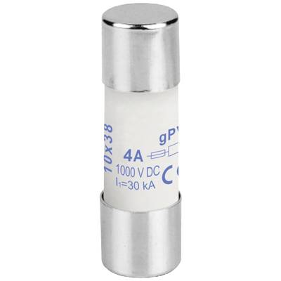Een cilindrische zekering met opschrift '1000 V DC, 4 A, 30 kA'. Geschikt voor hoogspanning gelijkstroomtoepassingen.