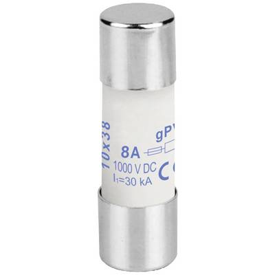 In de afbeelding is een cilindrische zekering van 10x38 mm te zien met de opdruk '8A 1000 V DC I1=30 kA'.