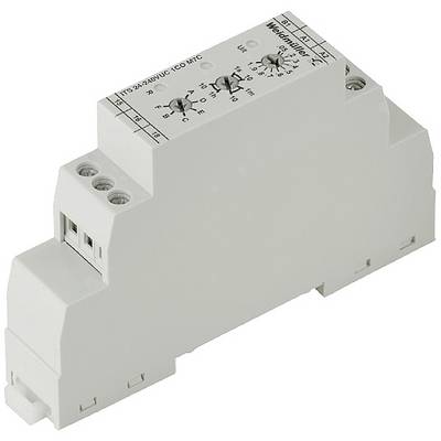 Din-rail tijdrelais in een wit behuizing met regelaars voor het instellen van tijdsvertragingen en andere parameters.