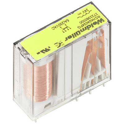 Klein rechthoekig elektronisch relais, doorzichtige behuizing met koperkleurige spoel en gele sticker met specificaties.