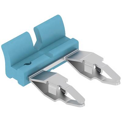 Afbeelding van een blauwe stekker met twee metalen klemmen, geschikt voor elektrische verbindingen. De klemmen zijn symmetrisch gerangschikt.