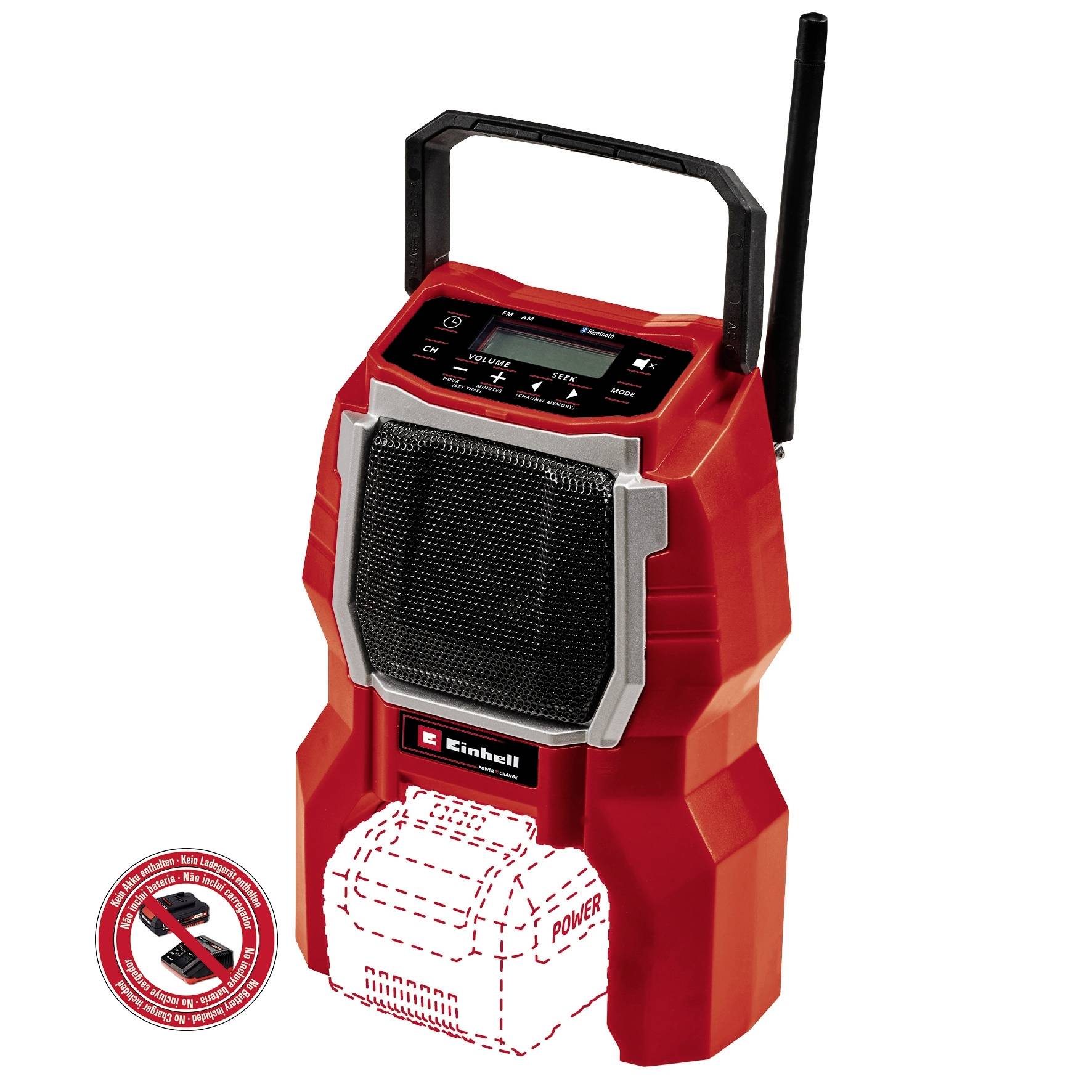Rode draagbare radio met robuust ontwerp, grote luidspreker aan de voorkant, antenne bovenaan en handgreep. Aanduiding van ontbrekende batterij onderaan.