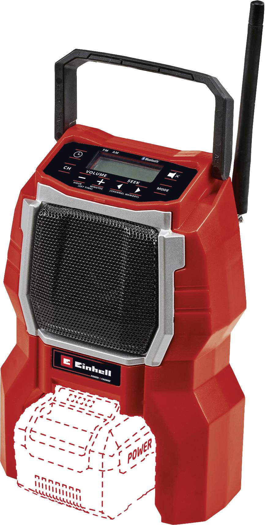Rode draagbare radio met display en antenne, merk is zichtbaar. Er is een lege batterijsleuf met het opschrift 'POWER'.
