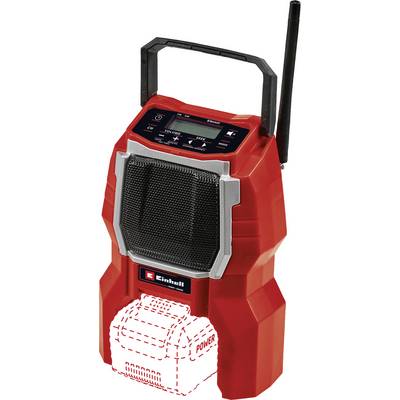 Rode draagbare radio met display en antenne, merk is zichtbaar. Er is een lege batterijsleuf met het opschrift 'POWER'.