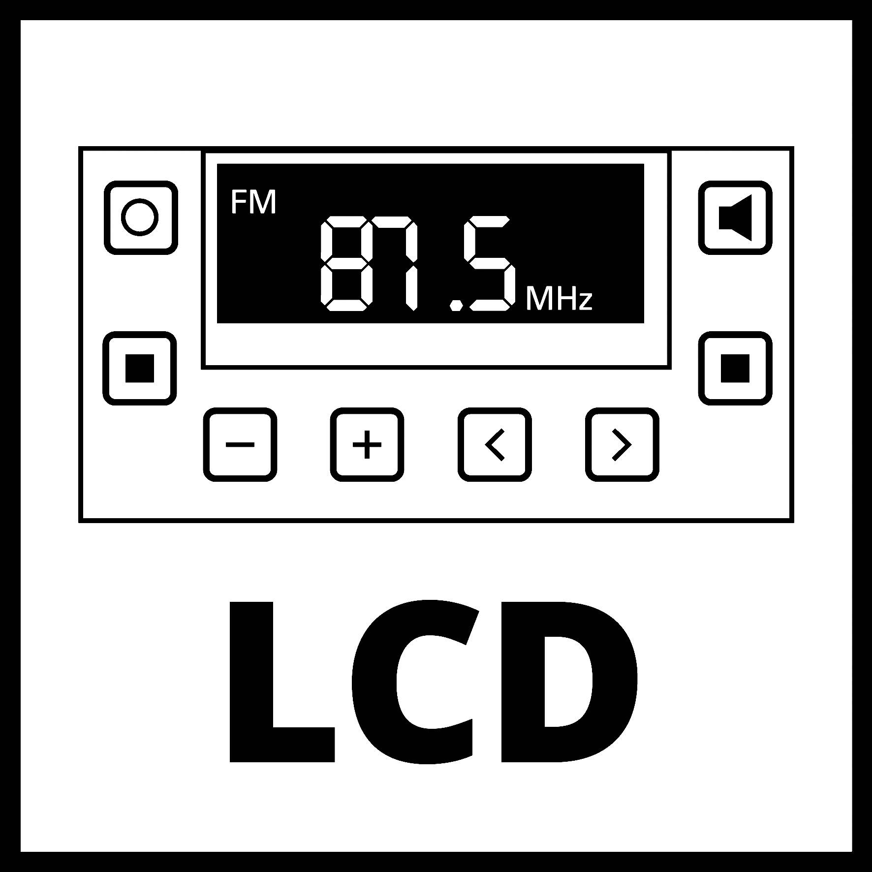 Een LCD-scherm toont 'FM 87,5 MHz'. Onderaan bevinden zich vijf toetsen voor bediening: Plus, Min, Vooruit, Achteruit en Afspelen.