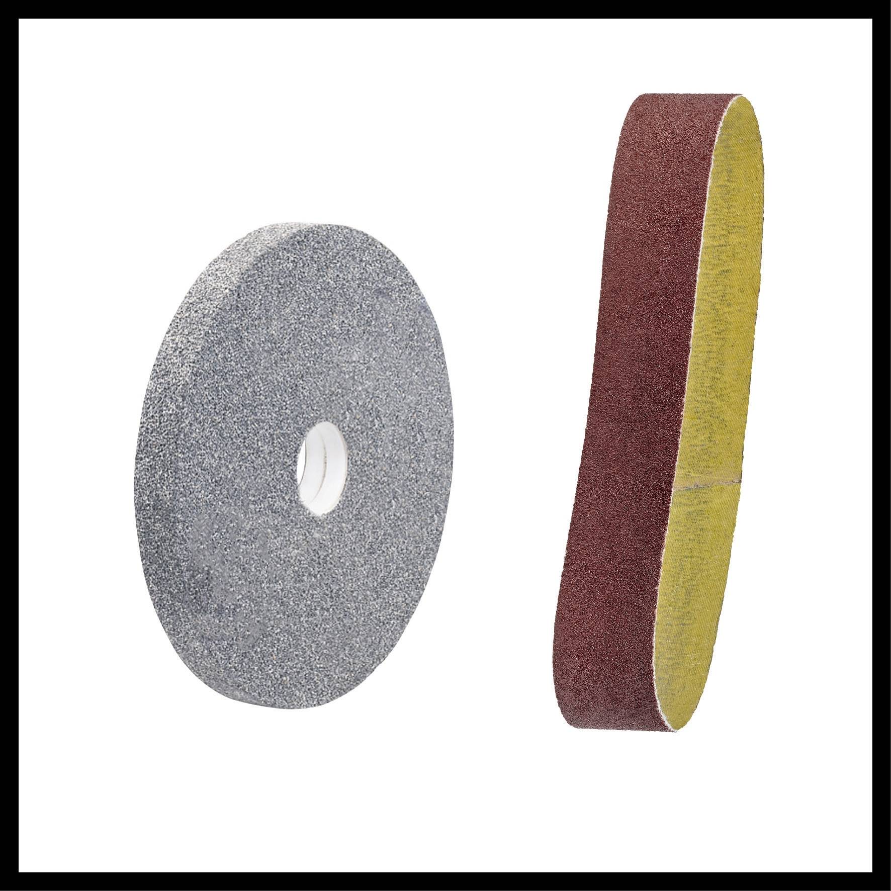 'Grinding disc and grinding belt for grinding machines, gray and rust-brown, positioned side by side on a white background.'