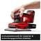 Einhell accuslijper met toerentalelektronica in rood design, wordt met één hand vastgehouden. Tekst: 'Toerentalelektronica voor materiaal- en toepassingsgericht werken'.