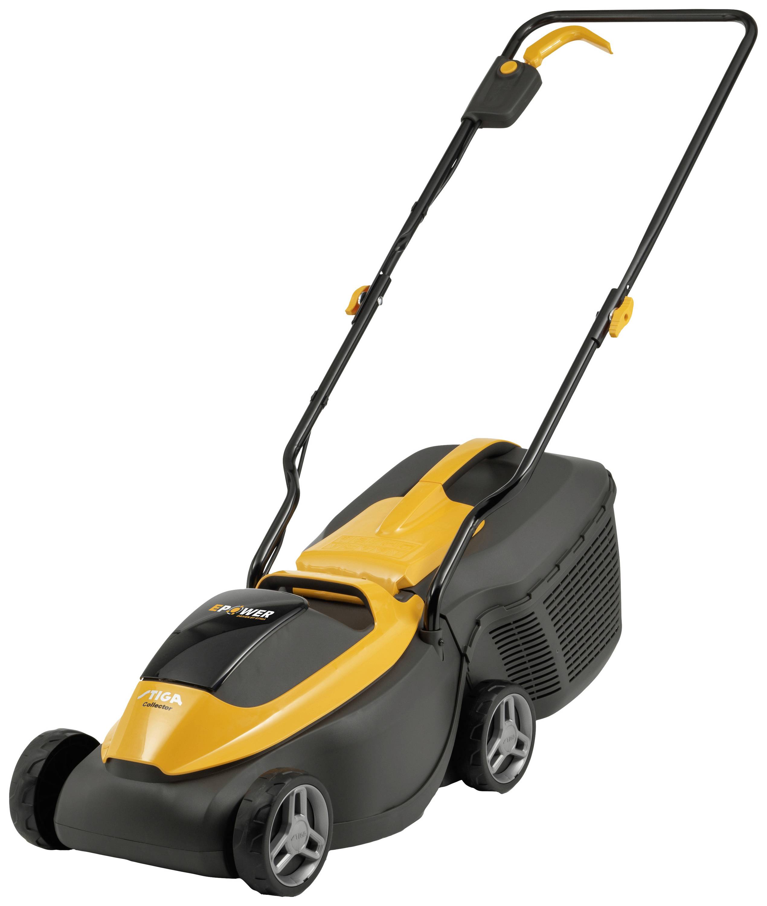 Een elektrische grasmaaier met een zwart en oranje behuizing. Geschikt voor kleine tot middelgrote tuinen.