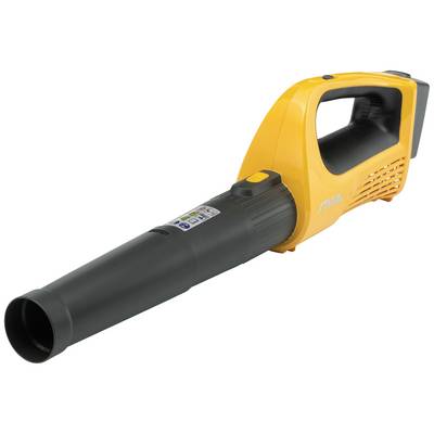 Een gele en zwarte handgedragen bladblazer met ergonomische handgreep en mondstuk, geschikt voor het verwijderen van bladeren in de tuin.