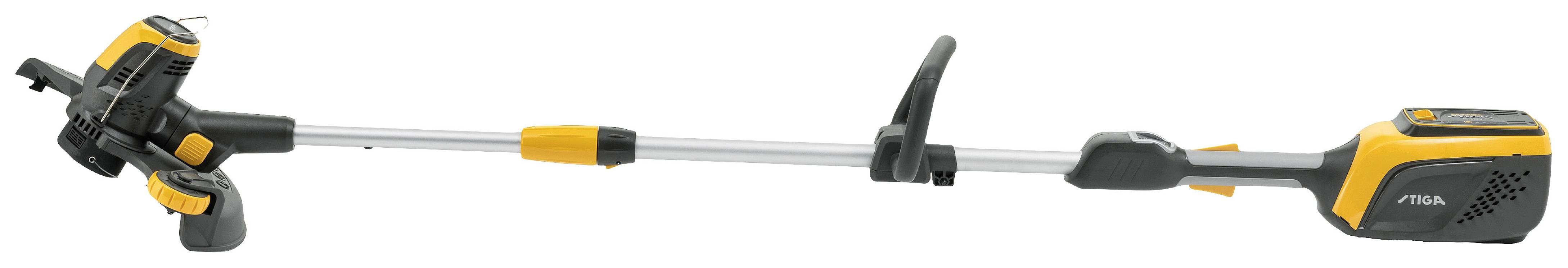 Elektrische grasmaaier in zwart en geel met verstelbare telescoopstang en ergonomische handgreep. Ideaal voor het trimmen van gazonranden.