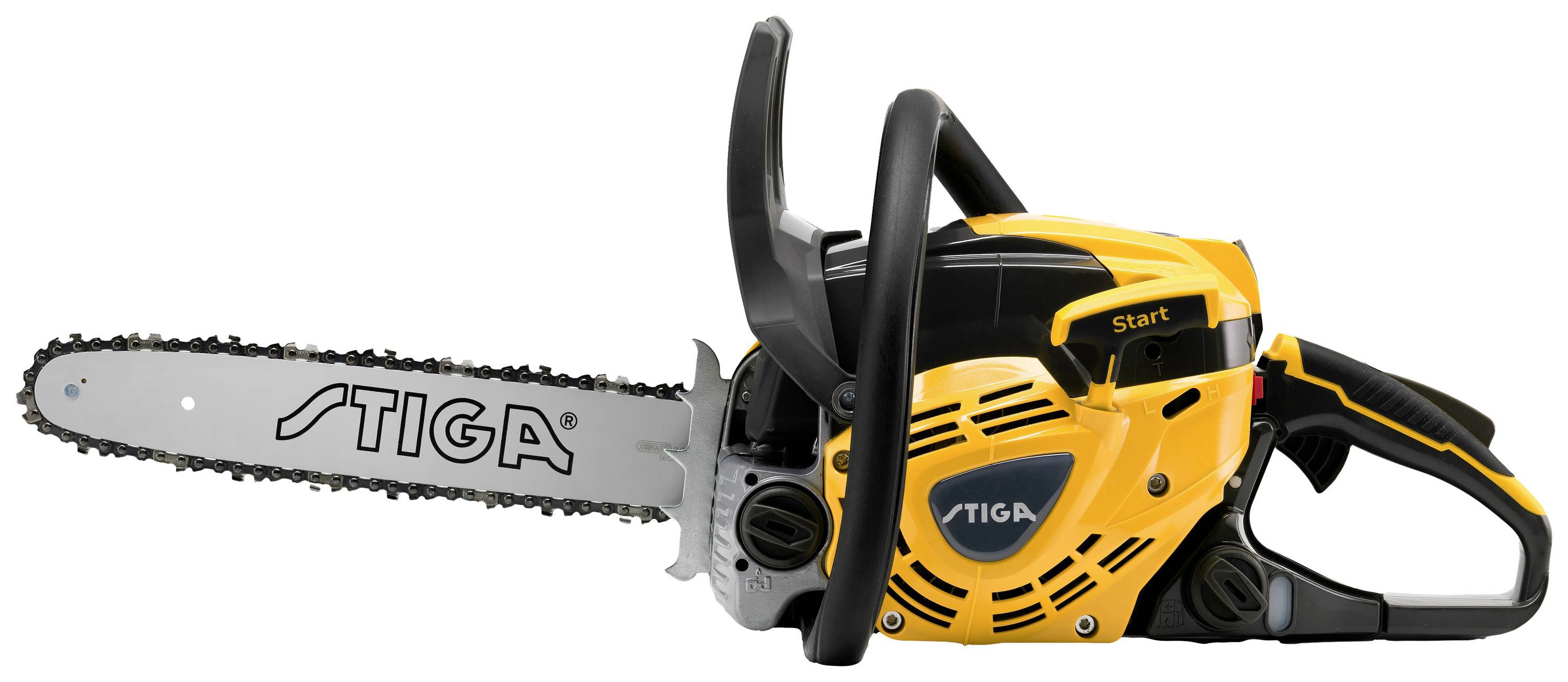 Gele motorzaag van het merk Stiga, zijdelings afgebeeld. Toont motorzaag-ontwerp en snijmechanisme.