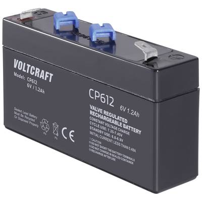 Zwarte Voltcraft-accu Model CP612 met blauwe aansluitingen. Capaciteit: 6V 1,2Ah. Opschrift: 'Valve Regulated Oplaadbare Batterij'.