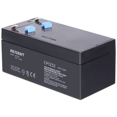 Zwarte Voltcraft accu CP1232, 12V 3,2Ah, met blauwe en rode aansluitingen aan de bovenkant.