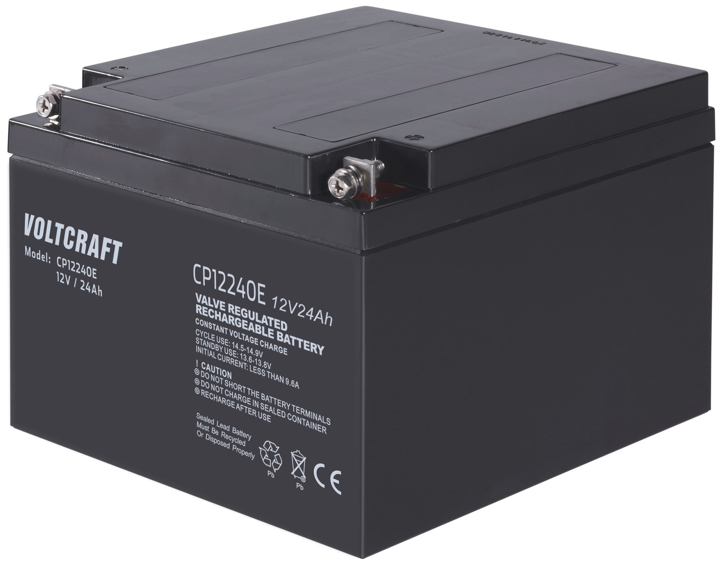Zwarte Voltcraft-batterij, model CP12240E, met 12 volt en 24 Ah. Oplaadbaar, geplaatst op een witte achtergrond.