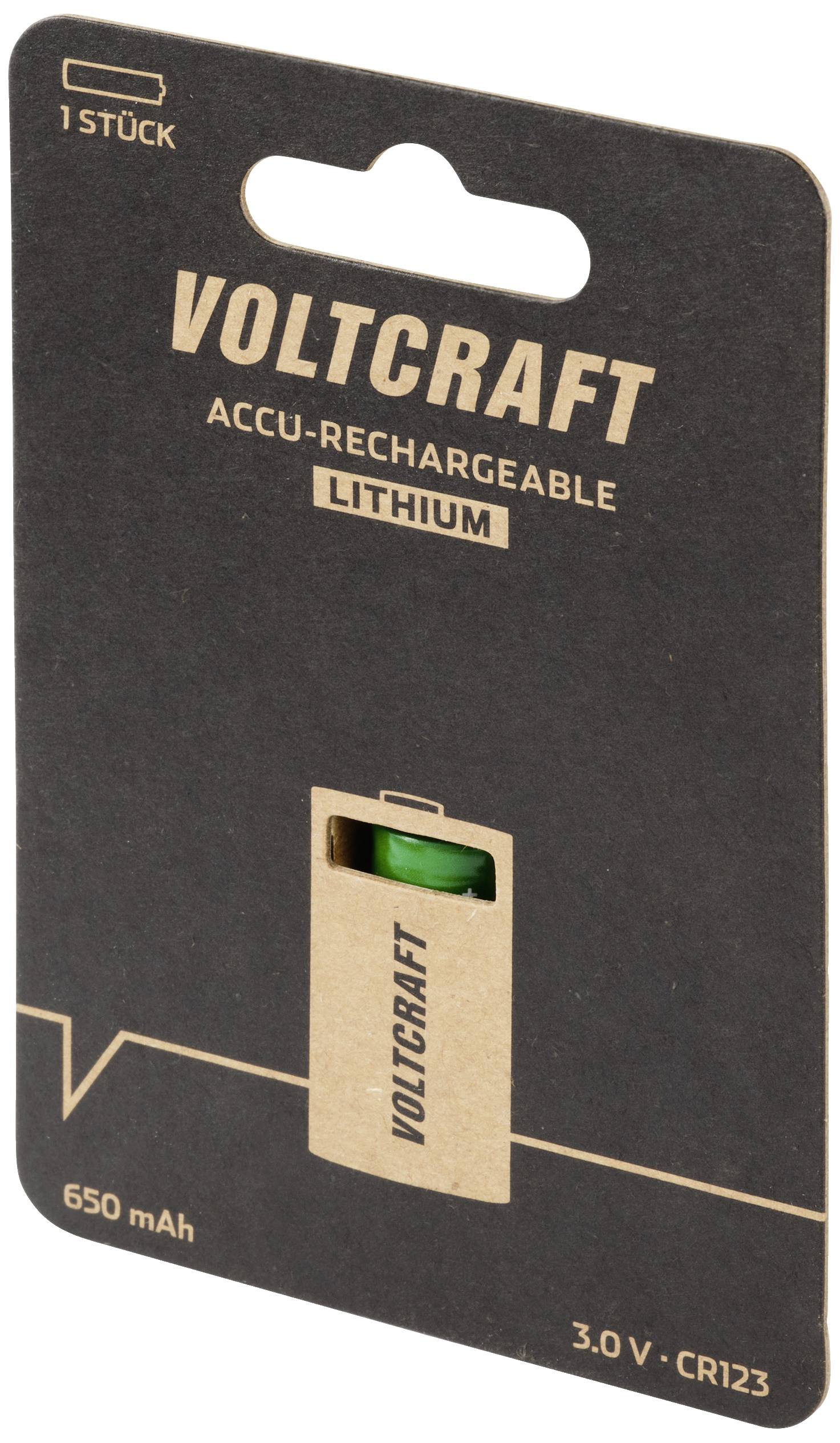 Verpakking van een oplaadbare Lithium-batterij van het merk Voltcraft, 650 mAh, 3,0 V, Model CR123.