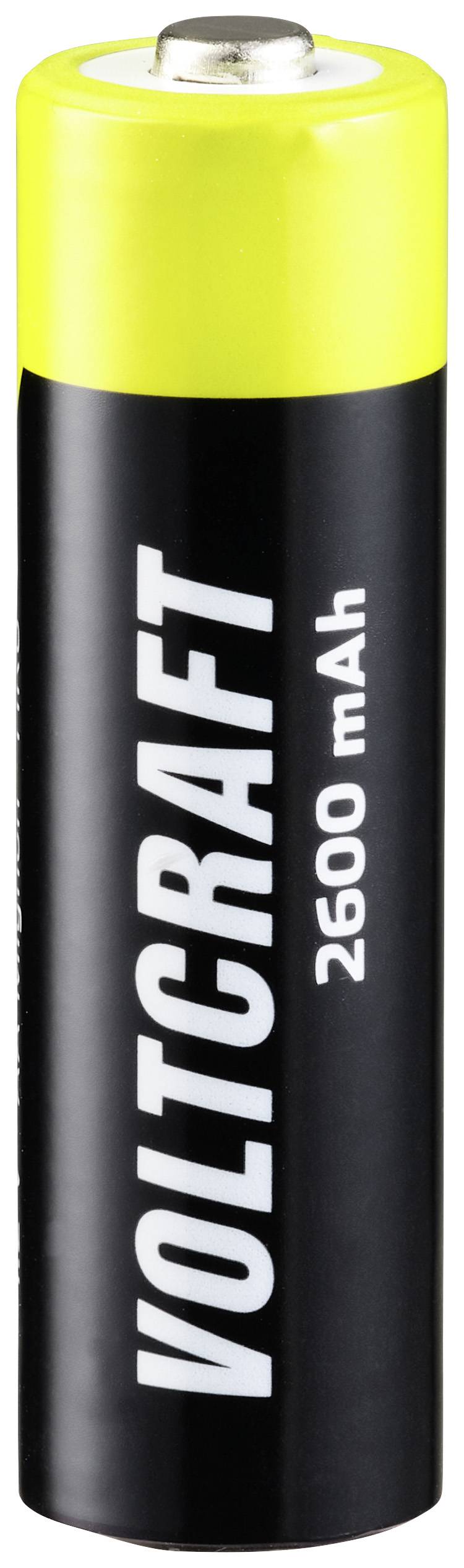 'Voltcraft' batterij, 2600 mAh, zwart met geel bovenste uiteinde, in de stijl van een AA-batterij.